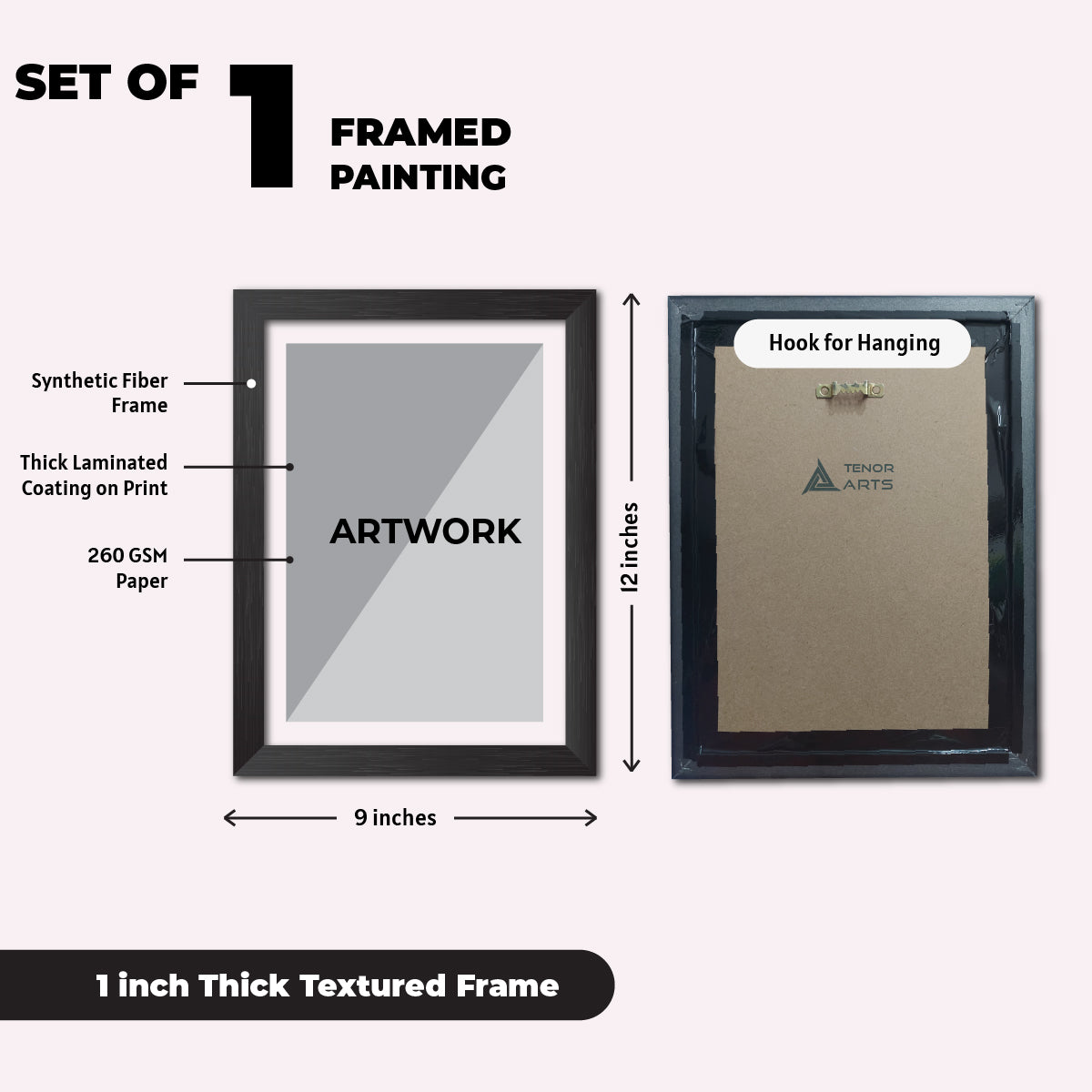 Framed painting set with dimensions and materials labeled on a white background