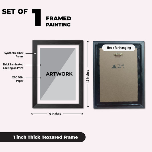 Framed painting set with dimensions and materials labeled on a white background