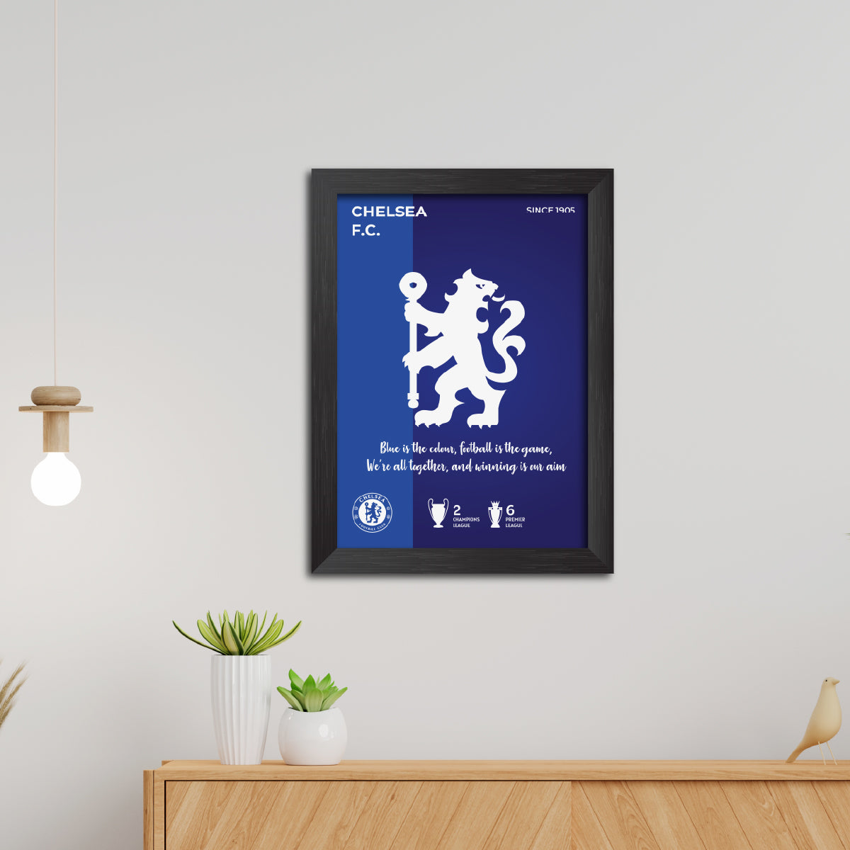 Chelsea Football Club White Logo & Tagline Poster Framed Painting