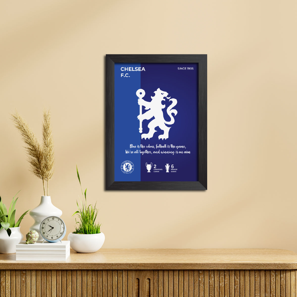 Chelsea Football Club White Logo & Tagline Poster Framed Painting