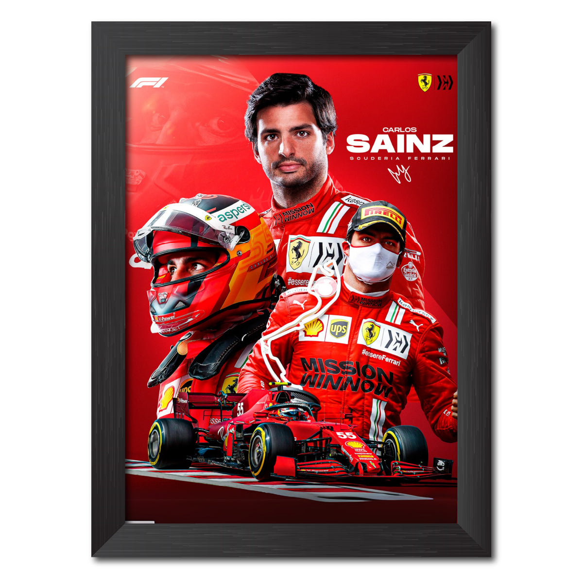 Framed poster of a Formula 1 driver with racing car and helmet on a red background
