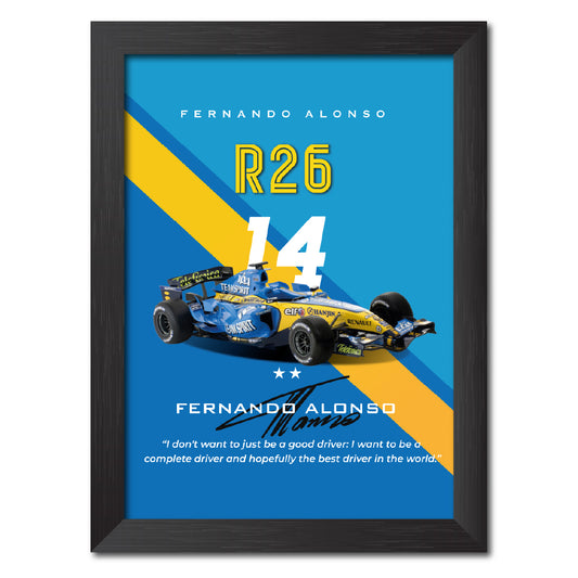 Fernando Alonso F1 Racing Car Renault R26 Poster Framed Painting