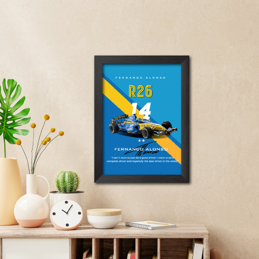 Fernando Alonso F1 Racing Car Renault R26 Poster Framed Painting