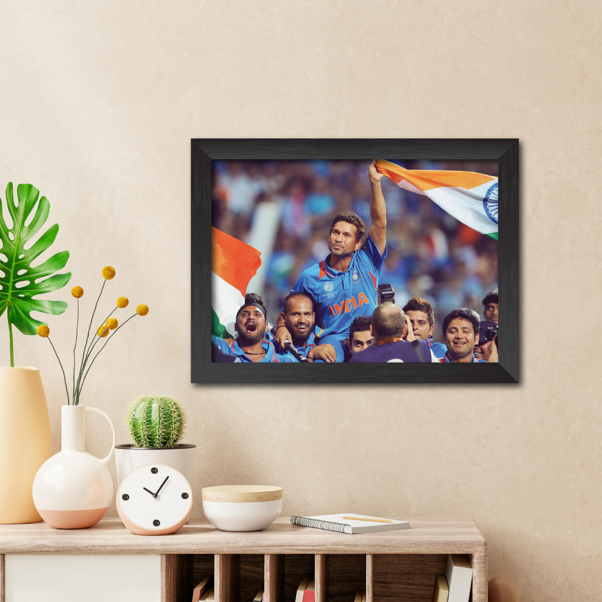 Sachin Tendulkar Worldcup Celebration India Cricket Team Poster Framed Painting