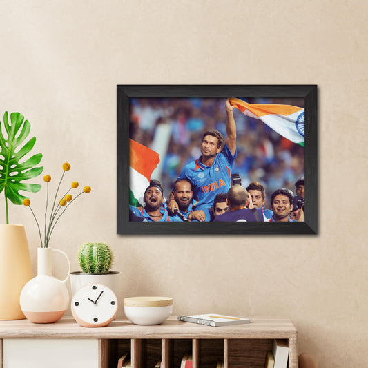 Sachin Tendulkar Worldcup Celebration India Cricket Team Poster Framed Painting